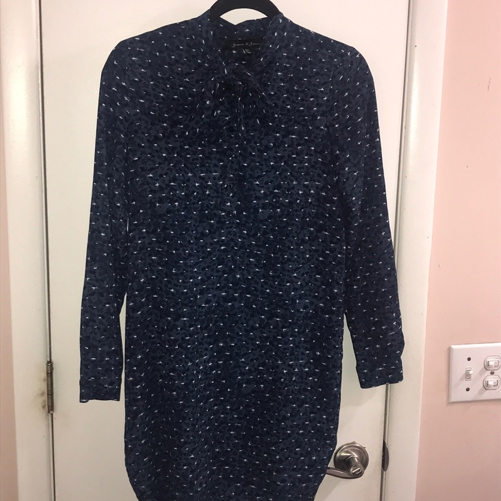 Blue patterned tie front mini dress